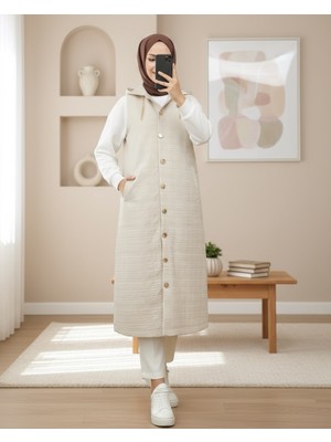 Modamorfo Önü Düğmeli Zincir Detaylı Kapşonlu Kapitone Yelek -Taş