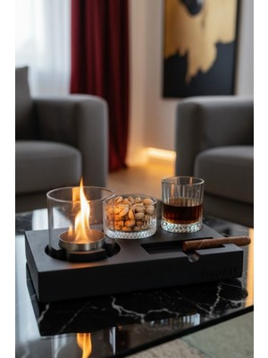 Özgürce Şömine Temalı Viski ve Puro Tepsisi, 1 Lt Yakıt Hediyeli, Şık ve Kullanışlı