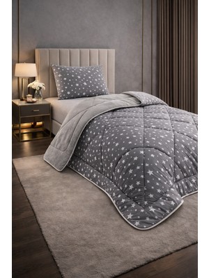 Teksnil Home Tek Kişilik Yorgan Seti Gri Yıldız Desenli Welsoft,anti Alerjik,çift Taraflı (Yorgan + 1 Yastık Kılıfı)