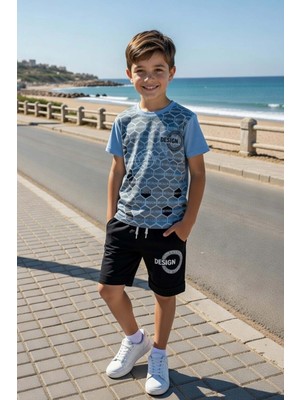 Riccotarz Erkek Çocuk Design Yazı ve Bal Peteği Detayları Mavi Şortlu Takım