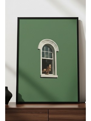 Safir Design Minimalist Yeşil Fonlu Pencereden Bakan Kadın Figürlü Çerçeveli Tablo