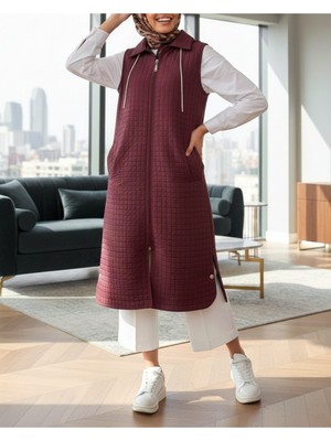 Modamorfo Fermuarlı Kapşonlu Cepli Uzun Kapitone Yelek -Bordo