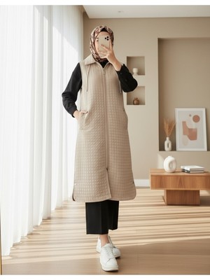 Modamorfo Fermuarlı Kapşonlu Cepli Uzun Kapitone Yelek -Taş