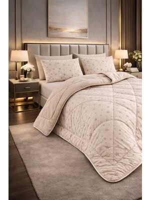 Teksnil Home Çift Kişilik Yorgan Seti Bej Yıldız Desenli Welsoft,anti Alerjik,çift Taraflı (Yorgan + 2 Yastık Kılıfı)