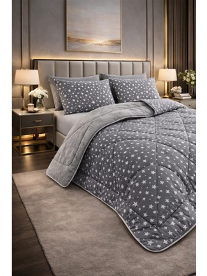 Teksnil Home Çift Kişilik Yorgan Seti Gri Yıldız Desenli Welsoft,anti Alerjik,çift Taraflı (Yorgan + 2 Yastık Kılıfı)