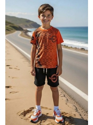 Riccotarz Erkek Çocuk Design Yazı ve Bal Peteği Detayları Turuncu Şortlu Takım