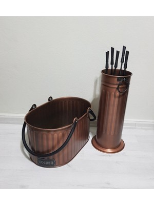 Özgürce Şömine Seti Antik Bakır, Odun Kovası ve Maşa ile Şıklık ve Işlevsellik