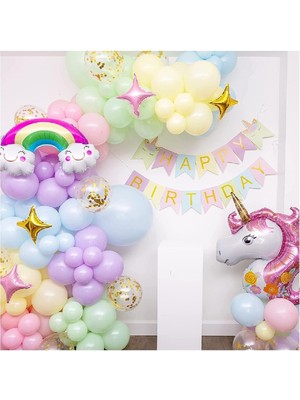 Gökkuşak Unicorn Temalı Pastel Doğum Günü Süsleme Seti Balon Zincirli Deluxe Parti Seti Konsepti