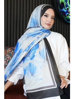 Afvente Şakayık Desen Mavi Soft Pamuk Şal