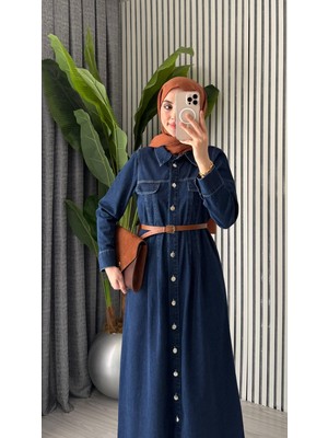 Molly Nelly Kadın Kot Düğmeli Kemerli Uzun Elbise