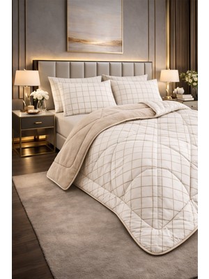 Teksnil Home Çift Kişilik Yorgan Seti Krem Kare Desenli Welsoft,anti Alerjik,çift Taraflı (Yorgan + 2 Yastık Kılıfı)