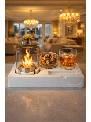 Özgürce Elza Beyaz Beton Masaüstü Şömine, 1 Lt Yakıt, Çerezlik ve Bardak Hediye