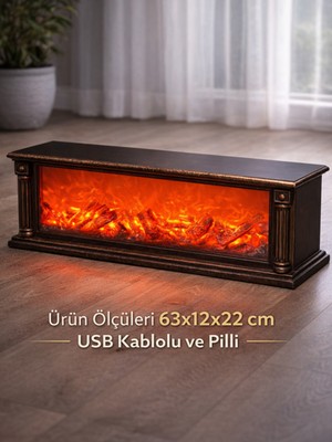 Özgürce Renk Değiştiren LED Şömine Lamba, Kumandalı, USB Bağlantılı 63X12X22 cm