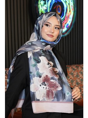 Afvente Çizgi Çiçek Desen Füme Soft Pamuk Şal