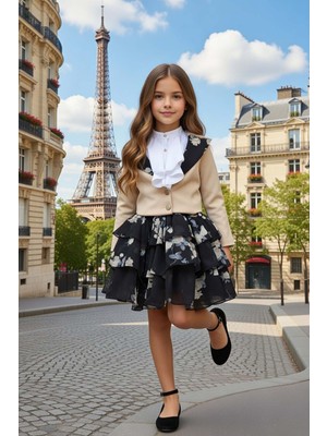 Riccotarz Kız Çocuk Kısa Kollu Yakası Fırfır Gömlek Bej Blazer Ceket Çiçek Desen Atlas Kumaş Etekli Takım