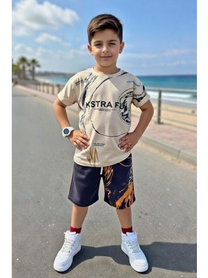 Riccotarz Erkek Çocuk Üzerinde Şekiller ve Fun Yazı Baskılı Bej Tişört Şortlu Takım