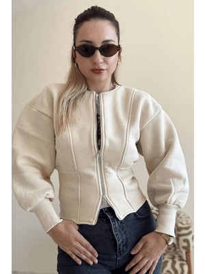 BeeYouStudio Bej Kadın Ribana Detaylı Fermuarlı Üç Iplik Hırka L