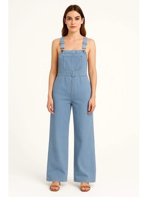 Glam Love Chambray Açık Mavi Denim Görünümlü Geniş Paça Salopet Tulum - Mavi -