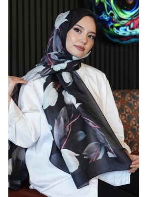 Afvente Lale Desen Siyah Soft Pamuk Şal