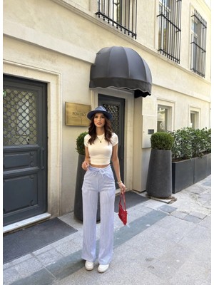 Glam Love Su Yolu Çizgili Kolay Kombinle Ne Bilir Cepli Pantolon - Açık Mavi -