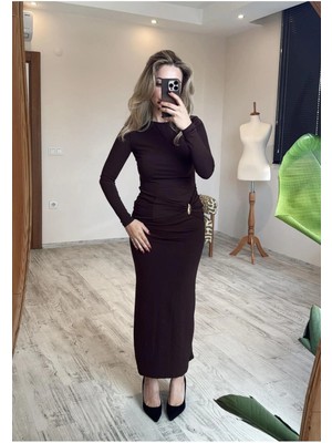 BeeYouStudio Kahverengi Gold Detaylı Bisiklet Yaka Yumuşak Dokulu Maxi Boy Elbise Xl