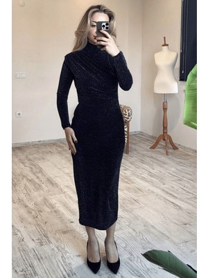 BeeYouStudio Siyah Simli Yarım Boğaz Ince Kumaş Gece Elbisesi L
