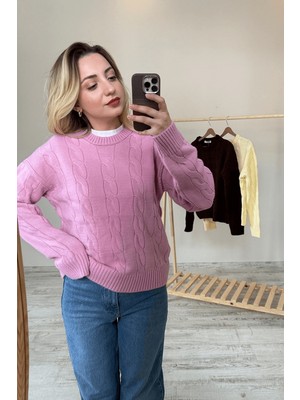 BeeYouStudio Pembe Saç Örgü Detaylı Bisiklet Yaka Kazak Standart