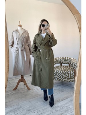 BeeYouStudio Haki Kruvaze Yaka Kolları Kemerli Düğmeli Uzun Trençkot S