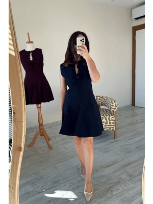 BeeYouStudio Lacivert Önü Fiyonklu Pileli Mini Viskon Elbise S