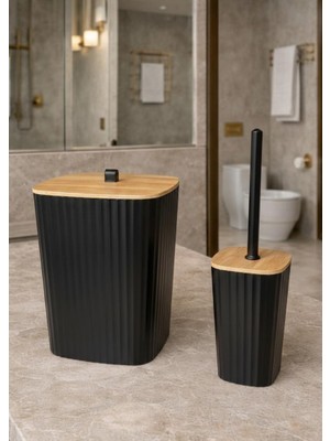 Okyanus Home Safir Yapışkanlı Gerçek Bambu Wc Fırçalık ve Çöp Kovası Seti Siyah 2'li Banyo Seti