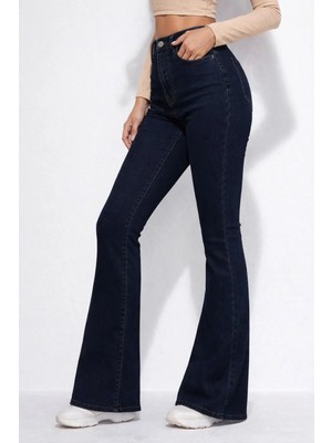 Kadın Yüksek Bel Ispanyol Paça Power Likra Kot Denim Jean