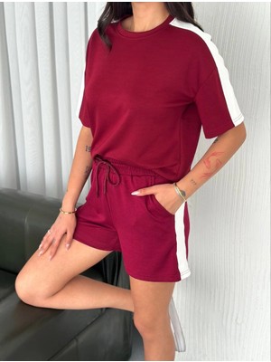 Glam Love Osy Modal Yumuşak Dokulu Kumaş   Parçalı Bisiklet Yaka T-Shirt Kısa Şort Ikili Takım - Bordo -