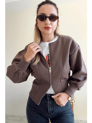 BeeYouStudio Kahverengi Kadın Ribana Detaylı Fermuarlı Üç Iplik Hırka S