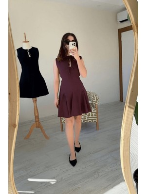 BeeYouStudio Bordo Önü Fiyonklu Pileli Mini Viskon Elbise S