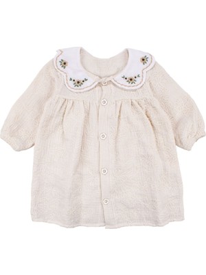 by BebekOdam Kız Bebek Bej Nakışlı Yakalı Müslin Elbise - 1016522