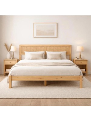 Pinoxi Örme Dekoratif Hasır Hazeran Başlıklı Masif Ahşap Karyola 120CM x 200CM