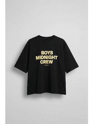 Abluka Online Erkek Boxy Fit Bisiklet Yaka Yazı Baskılı T-Shirt Siyah