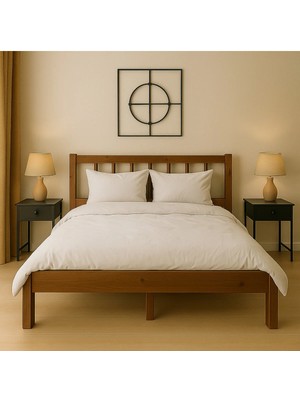 Pinoxi 140CM x 190CM Masif Ahşap 2 Kişilik Yuvarlak Çıtalı Başlıklı Karyola Ceviz Rengi