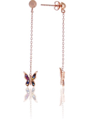 Midyat Nurtaş Gümüş Karışık Renkli Kelebek Model Zirkon Taşlı Rose Kaplama Gümüş Kadın Küpe 201025008