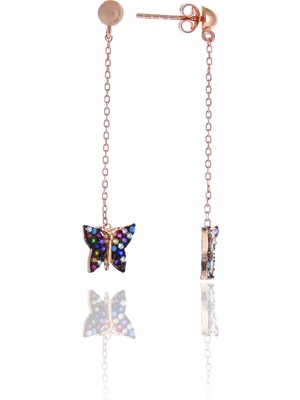 Midyat Nurtaş Gümüş Karışık Renkli Kelebek Model Zirkon Taşlı Rose Kaplama Gümüş Kadın Küpe 201025009