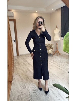 BeeYouStudio Siyah Simli Triko Kumaş Gold Düğmeli Ceket Elbise M