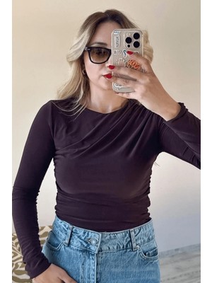 BeeYouStudio Kahverengi Tek Omuzda Büzgü Detaylı Body Suıt L