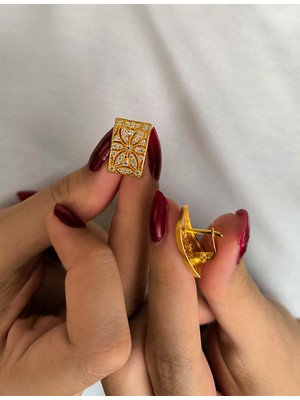 Midyat Nurtaş Gümüş Çiçekli Zirkon Taşlı Altın Kaplama Trabzon Hasırı Kadın Gümüş Küpe 201025261