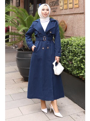 Kemer Detaylı Düğmeli Trençkot Indigo 19301