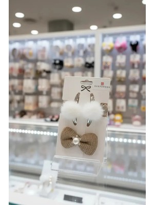 Miniso Bej-Kahve Fiyonklu Lastik Toka 2'li + Tüylü Mandal Toka 4'lü