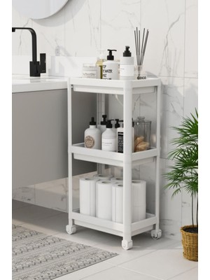 Trend Maison Çok Amaçlı 3 Katlı Tekerlekli Banyo Raf Ünitesi Düzenleyici Beyaz