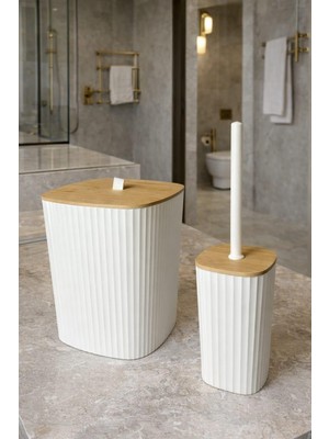 Okyanus Home Safir Yapışkanlı Gerçek Bambu Wc Fırçalık ve Çöp Kovası Seti Beyaz 2'li Banyo Seti