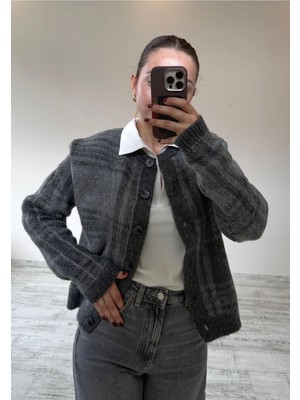 BeeYouStudio Ekose/kareli Düğmeli Bisiklet Yaka Hırka Gri Standart