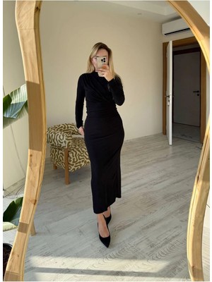 BeeYouStudio Drape Yaka Yırtmaçlı Uzun Siyah Elbise L