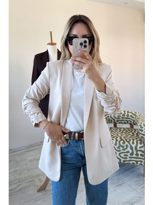 BeeYouStudio Ekru Kolları Büzgülü Kruvaze Yaka Düğmesiz Blazer Ceket L
